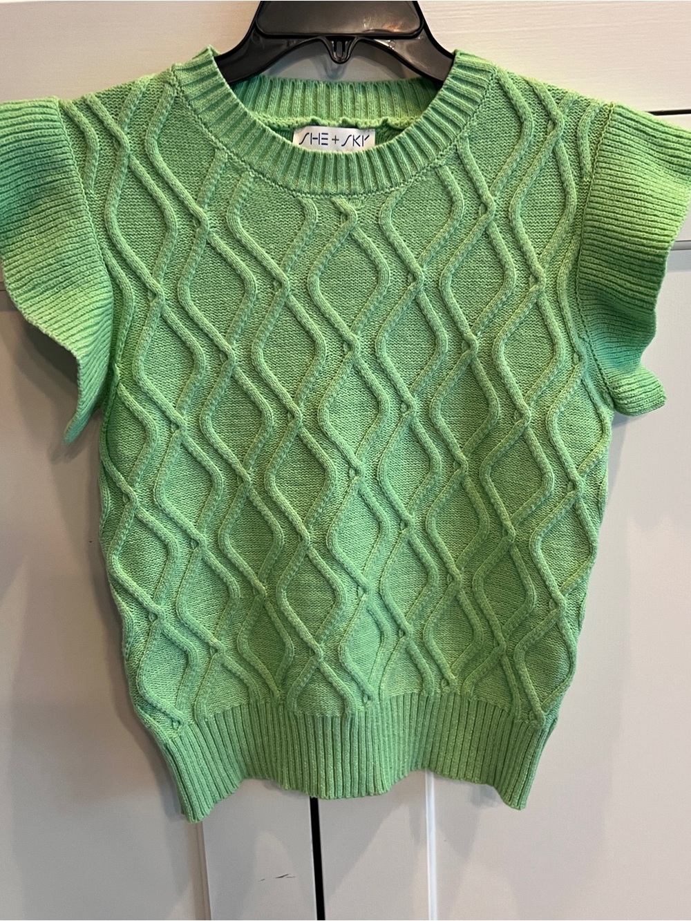 She & Sky green ruffle-sleeve cable-knit sweater top-medium